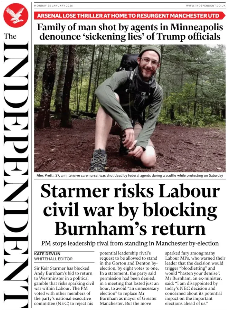 Portada de The Independent del lunes, 26 de enero de 2026
