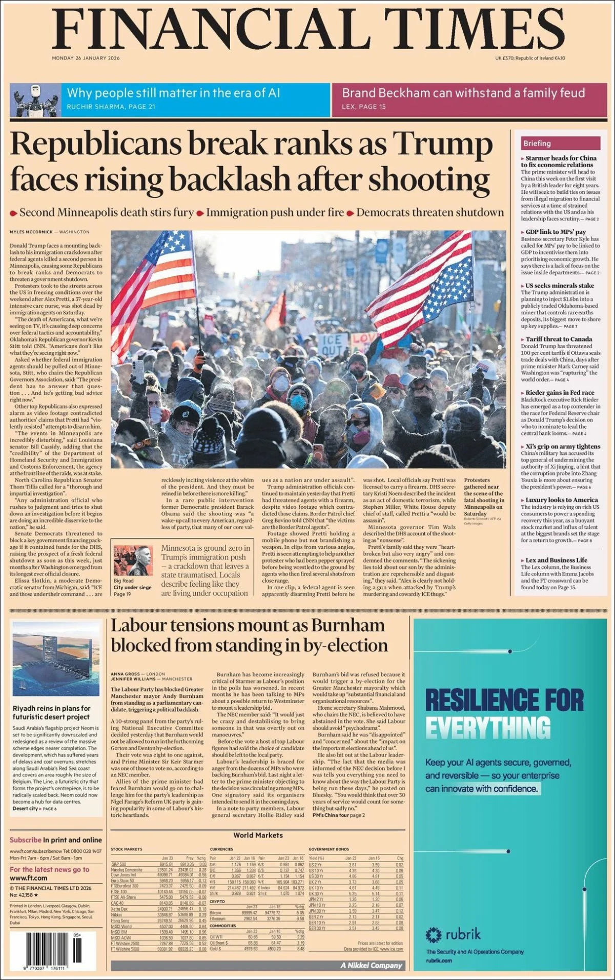 Portada de Financial Times del lunes, 26 de enero de 2026