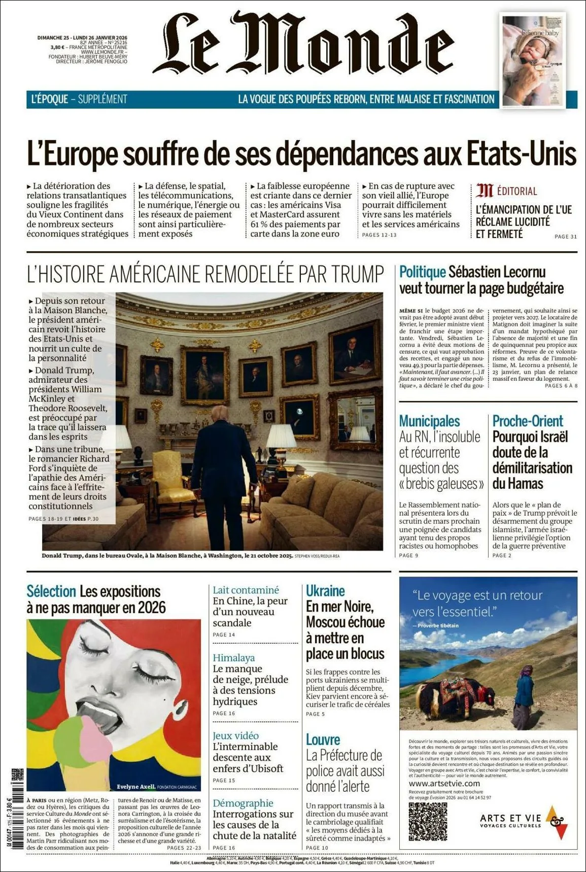 Portada de Le Monde del lunes, 26 de enero de 2026