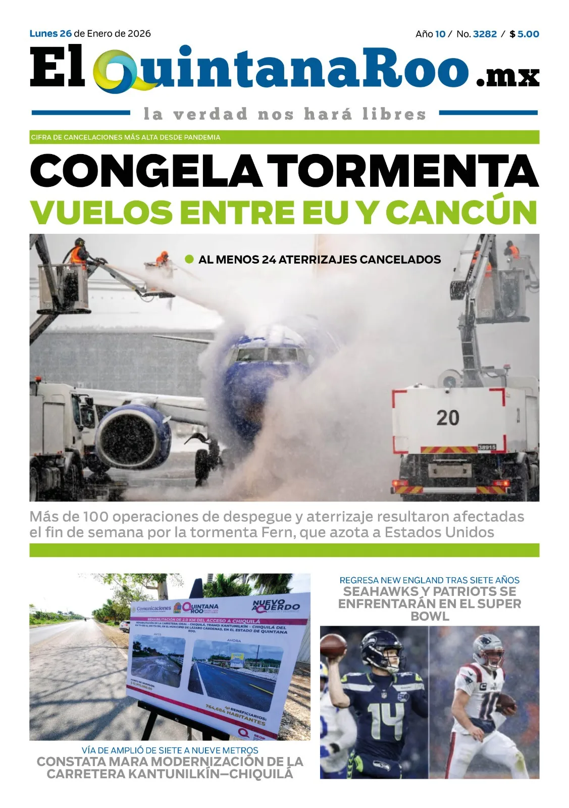 Portada de El Quintana Roo (portada) del lunes, 26 de enero de 2026