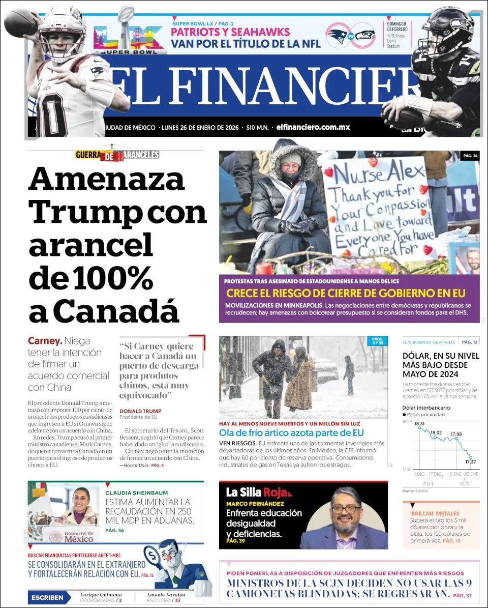 Portada de El Financiero del lunes, 26 de enero de 2026