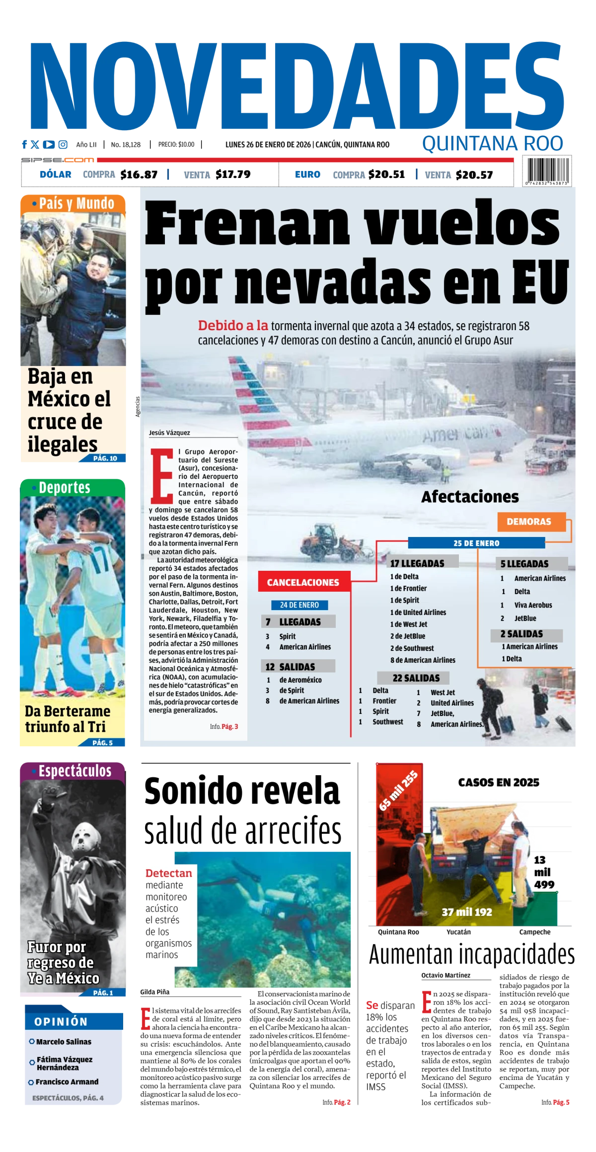 Portada de Novedades Quintana Roo del lunes, 26 de enero de 2026