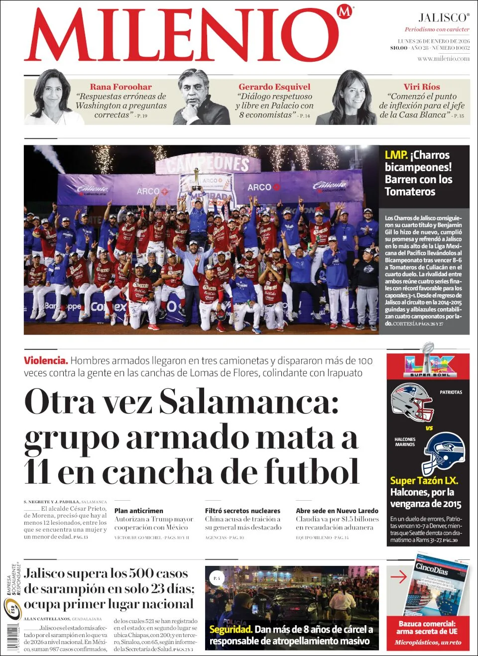 Portada de Milenio Jalisco del lunes, 26 de enero de 2026