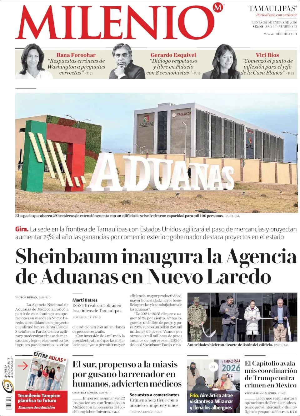 Portada de Milenio Tamaulipas del lunes, 26 de enero de 2026