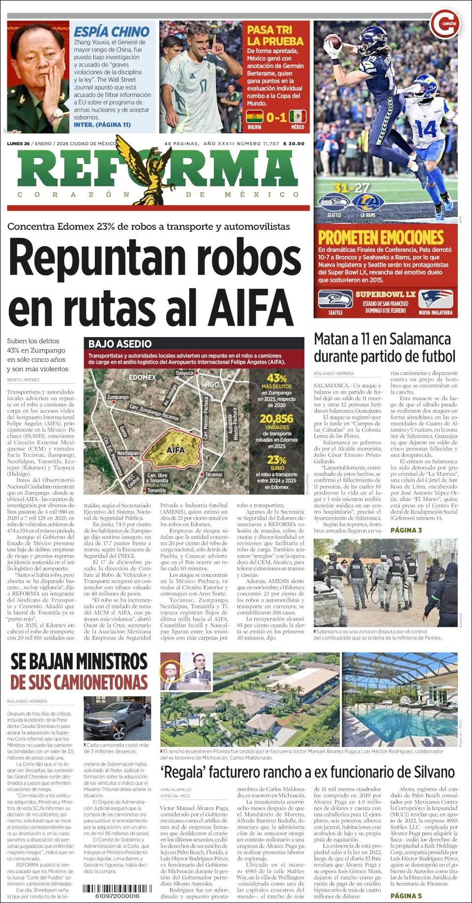 Portada de Reforma del lunes, 26 de enero de 2026