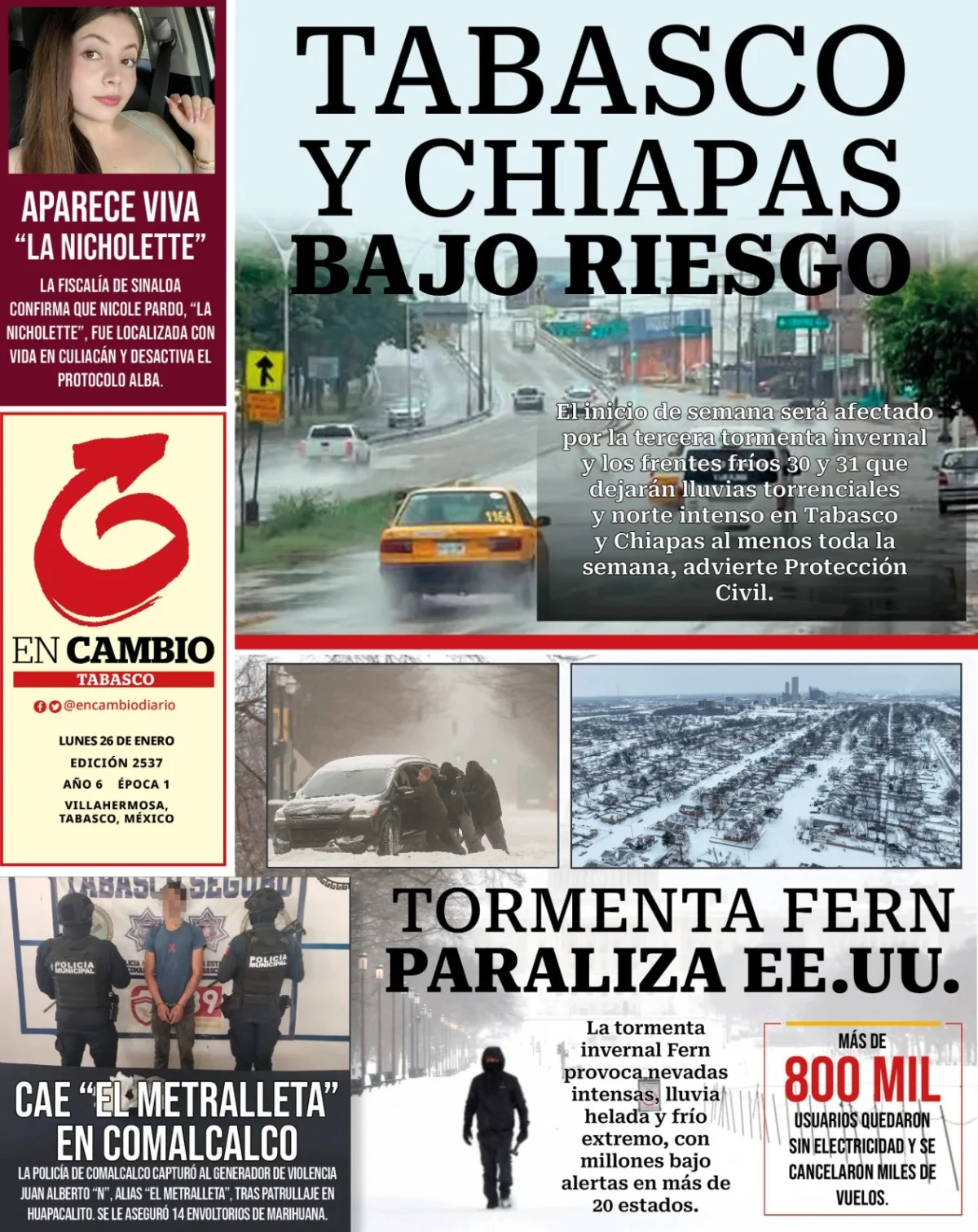 Portada de En Cambio - Tabasco (contraportada) del lunes, 26 de enero de 2026