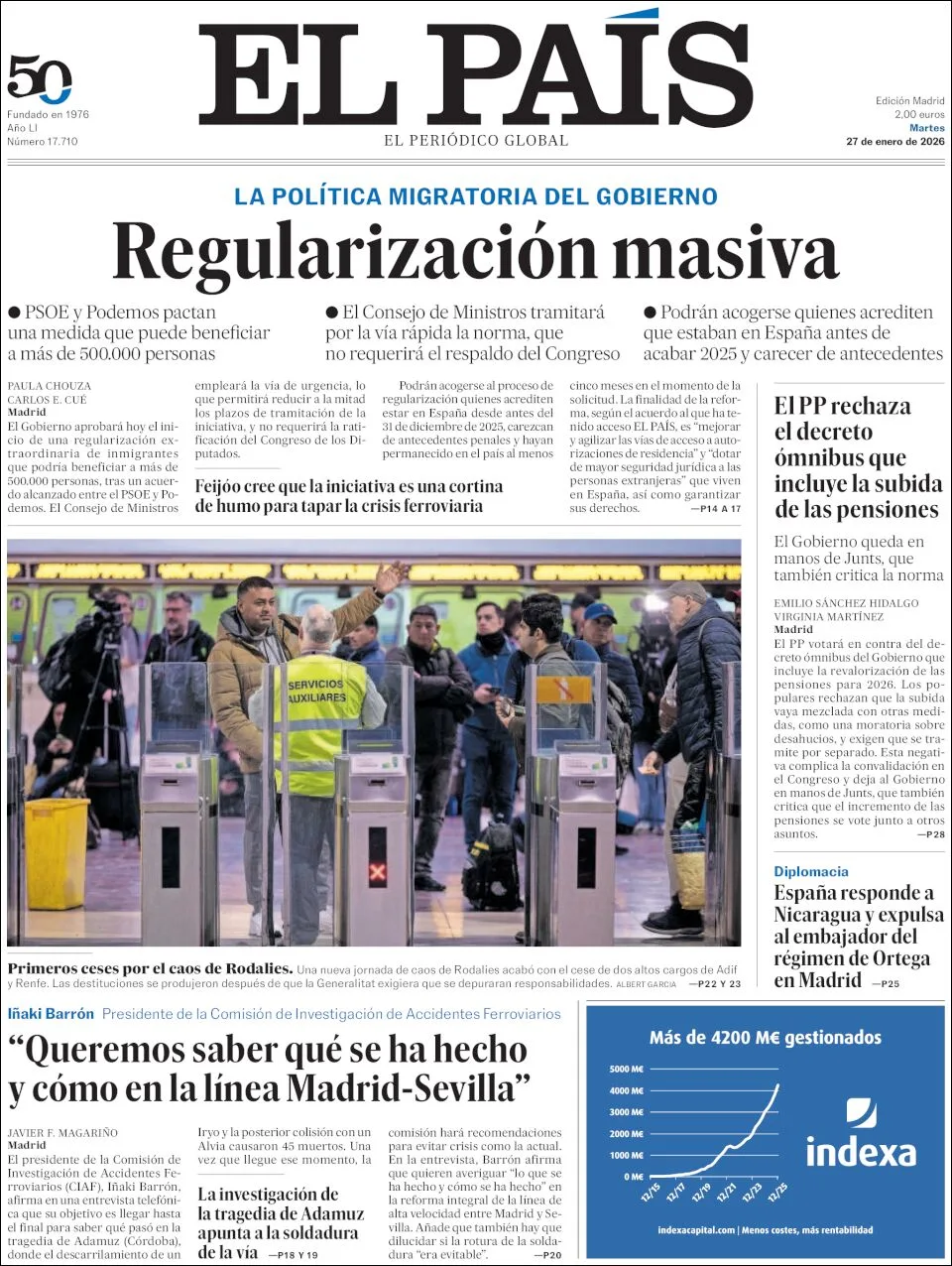 Portada de El Pais del martes, 27 de enero de 2026