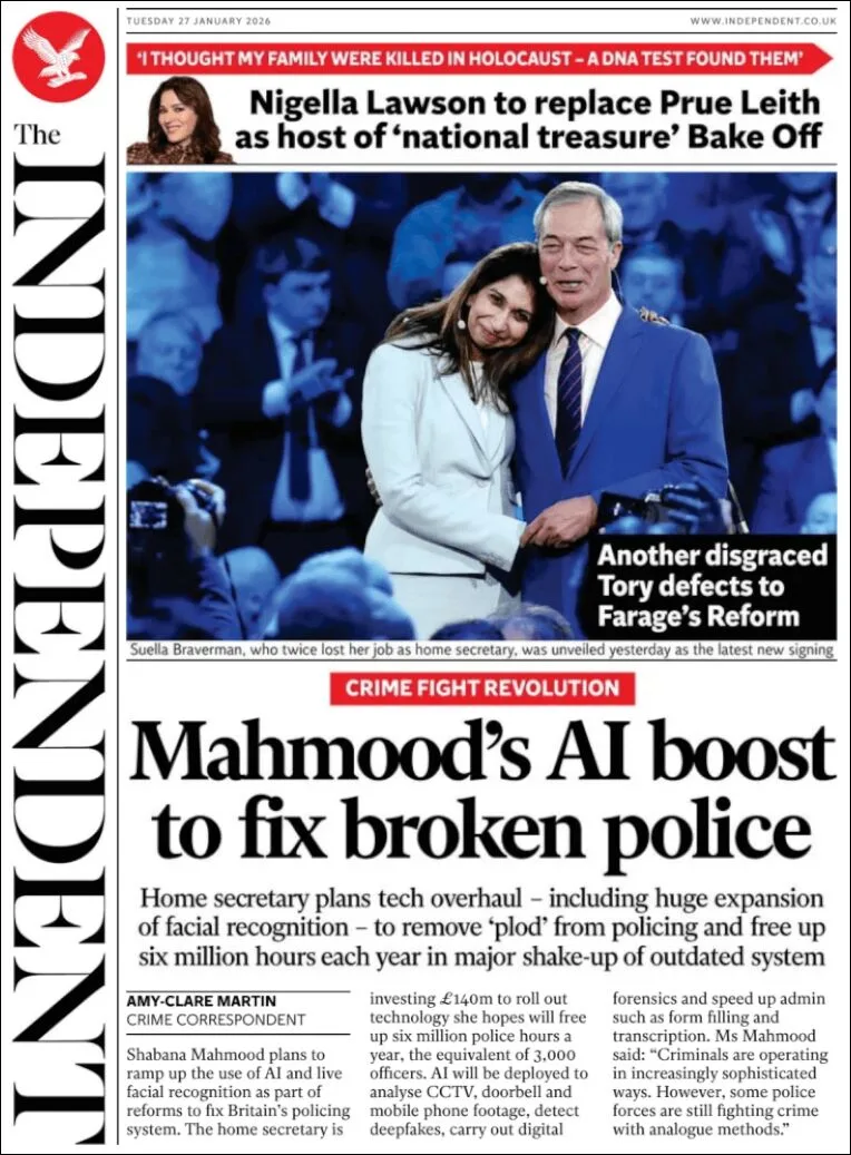 Portada de The Independent del martes, 27 de enero de 2026