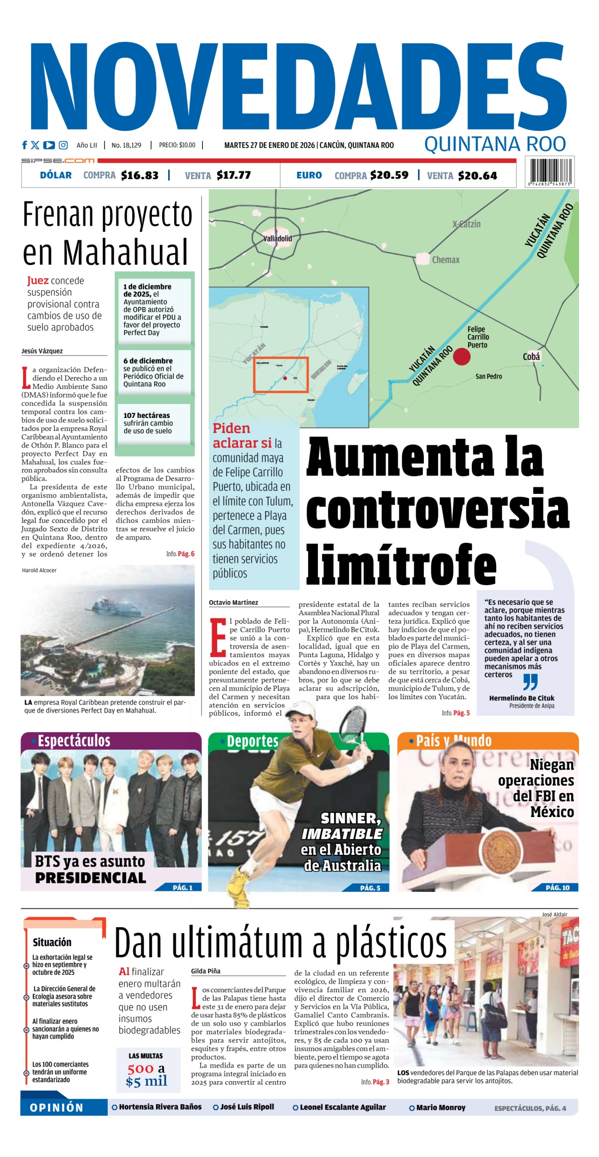 Portada de Novedades Quintana Roo del martes, 27 de enero de 2026