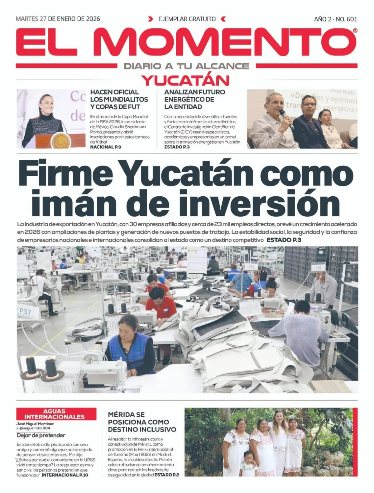 Portada de El Momento Yucatan del martes, 27 de enero de 2026