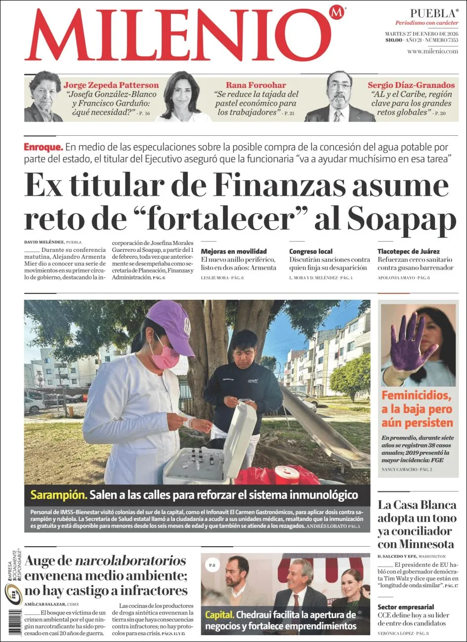 Portada de Milenio Puebla del martes, 27 de enero de 2026