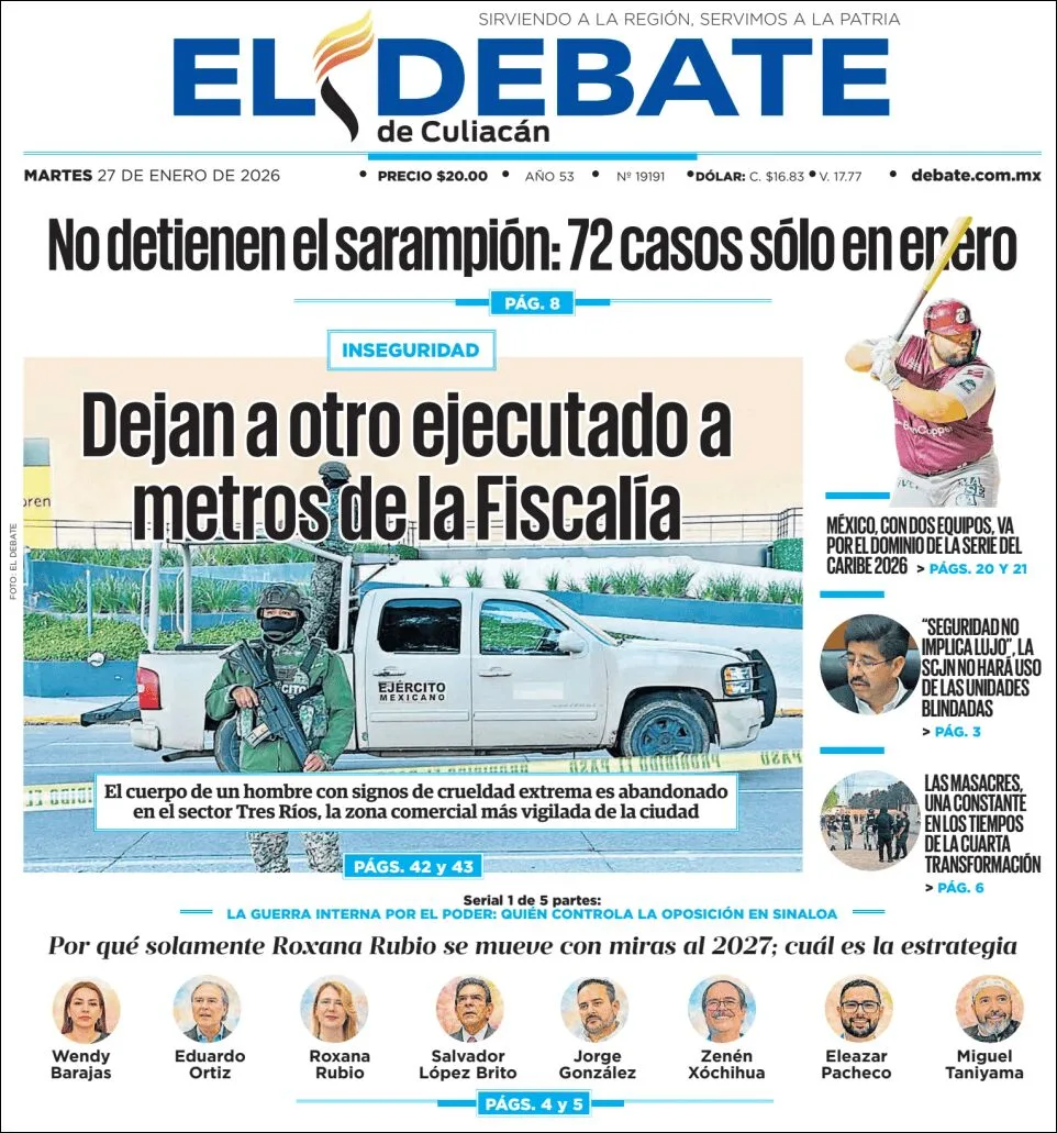 Portada de El Debate de Culiacan del martes, 27 de enero de 2026