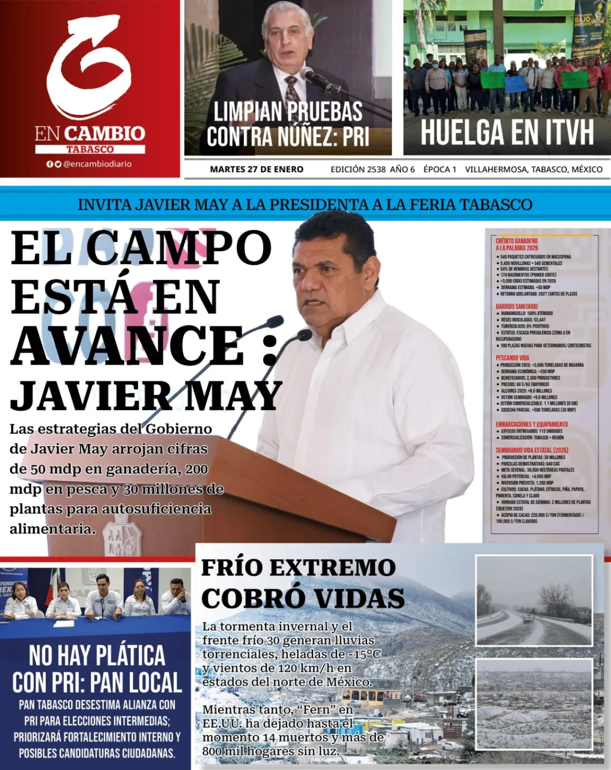 Portada de En Cambio - Tabasco (portada) del martes, 27 de enero de 2026