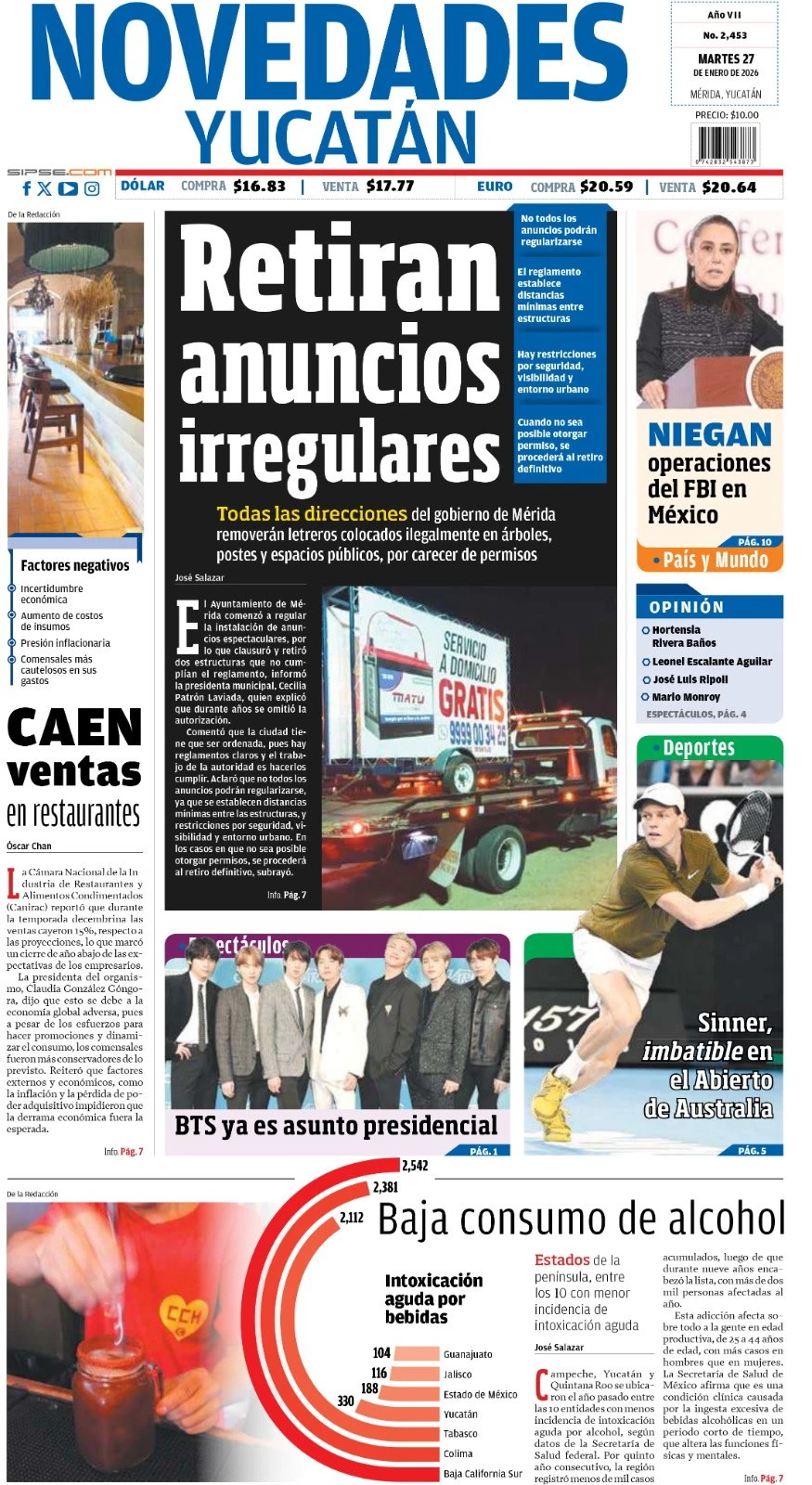 Portada de Novedades Yucatan del martes, 27 de enero de 2026