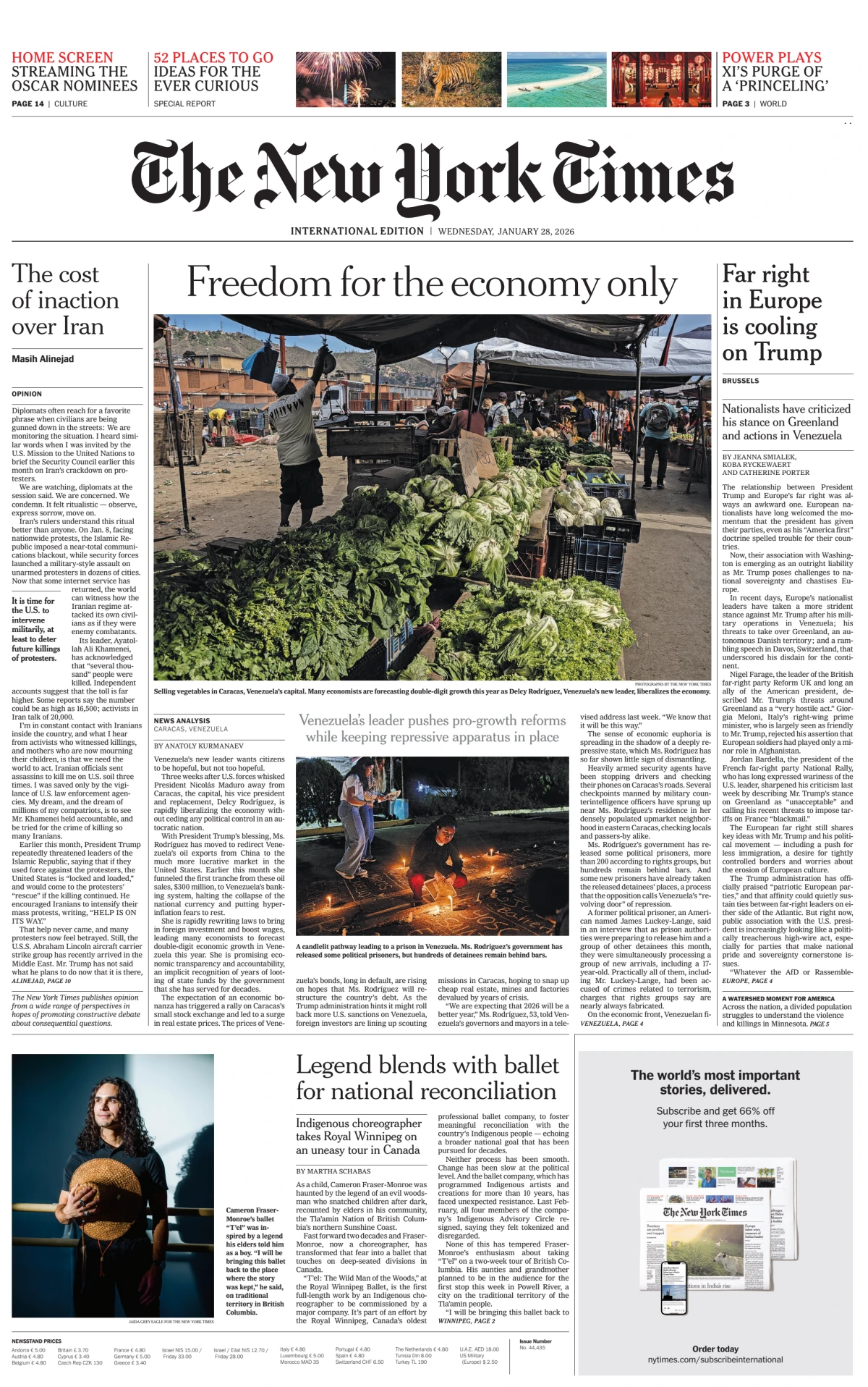 Portada de The New York Times (international) del miércoles, 28 de enero de 2026