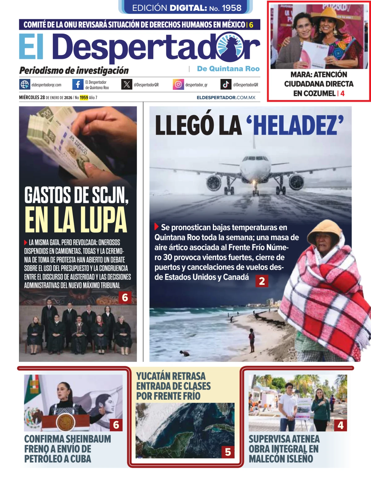 Portada de El Despertador de Quintana Roo del miércoles, 28 de enero de 2026