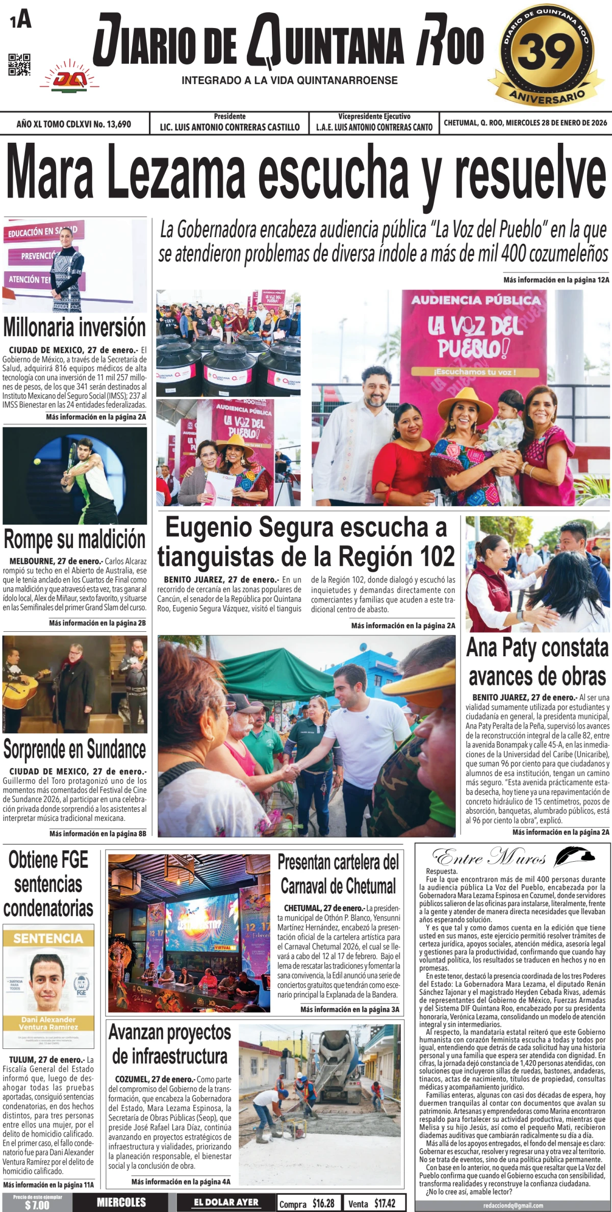 Portada de Diario de Quintana Roo (portada) del miércoles, 28 de enero de 2026