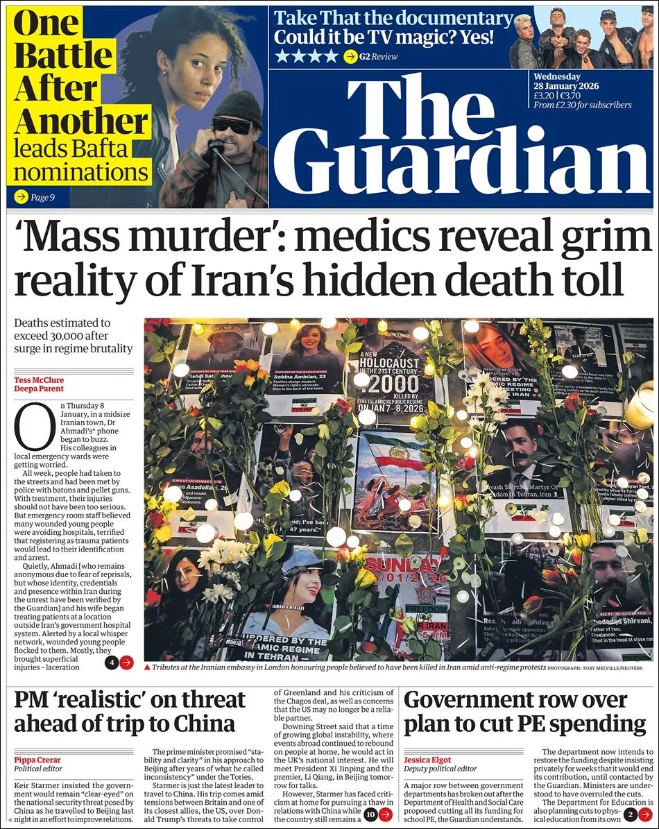 Portada de The Guardian (reino Unido) del miércoles, 28 de enero de 2026