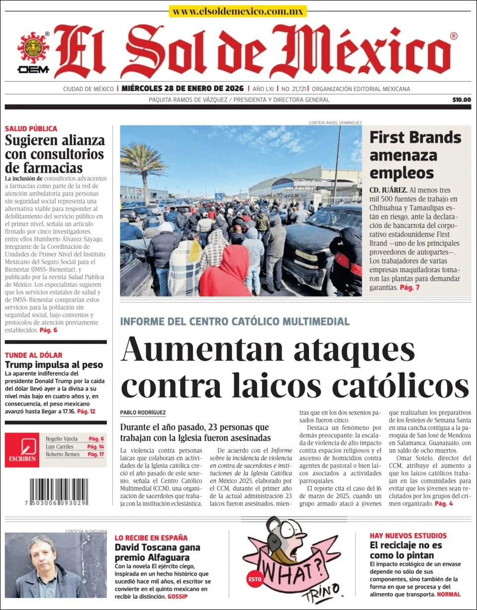 Portada de El Sol de Mexico del miércoles, 28 de enero de 2026