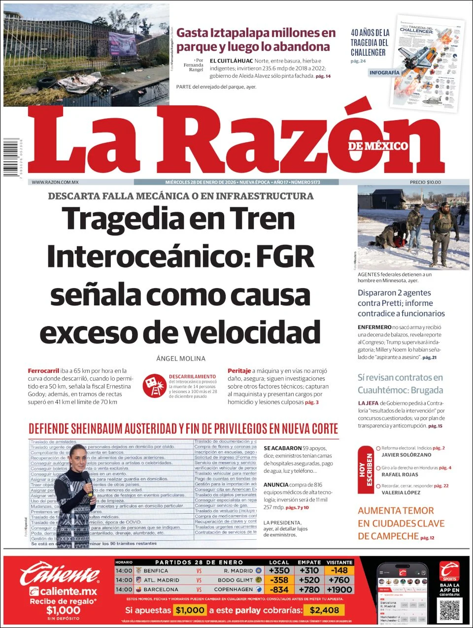 Portada de La Razon del miércoles, 28 de enero de 2026