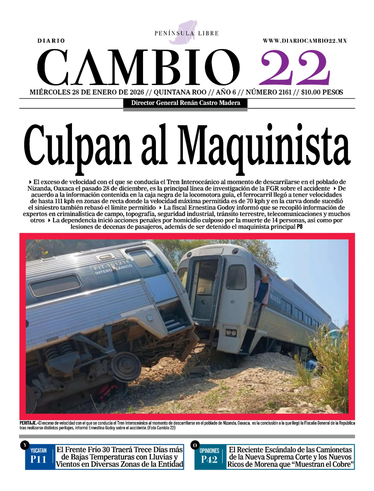 Portada de Diario Cambio 22 (contraportada) del miércoles, 28 de enero de 2026
