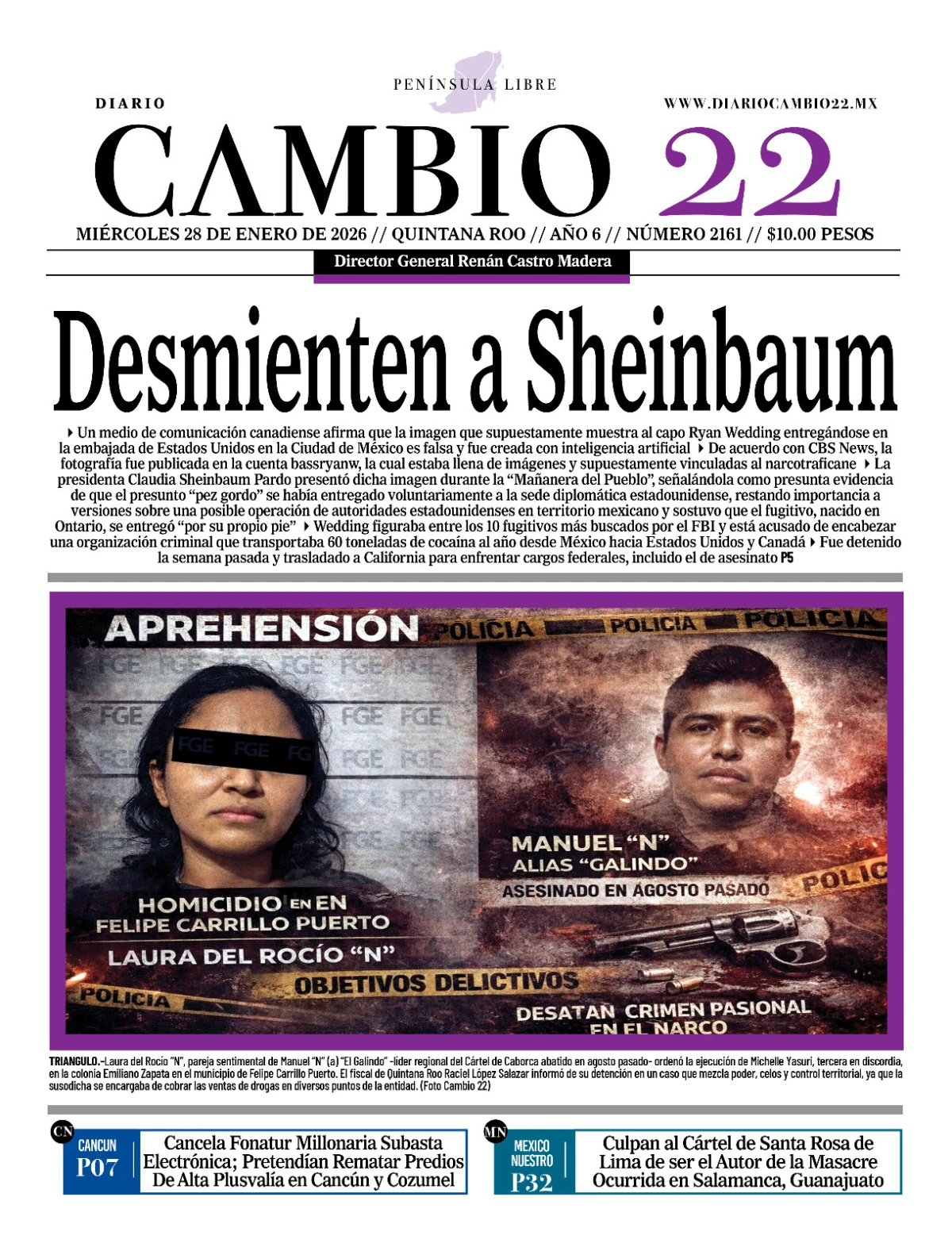 Portada de Diario Cambio 22 (portada) del miércoles, 28 de enero de 2026