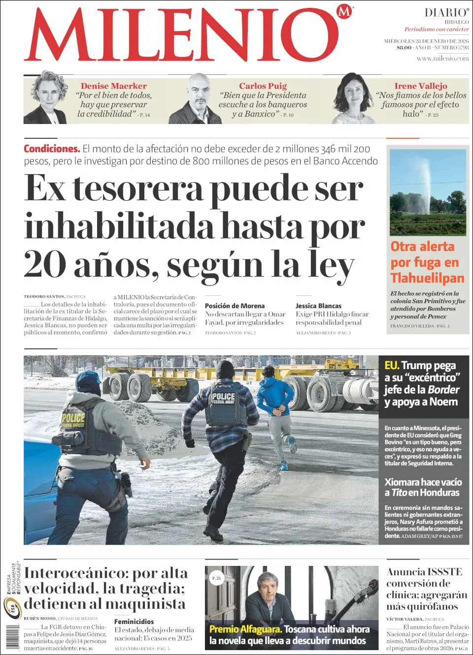 Portada de Milenio Hidalgo del miércoles, 28 de enero de 2026