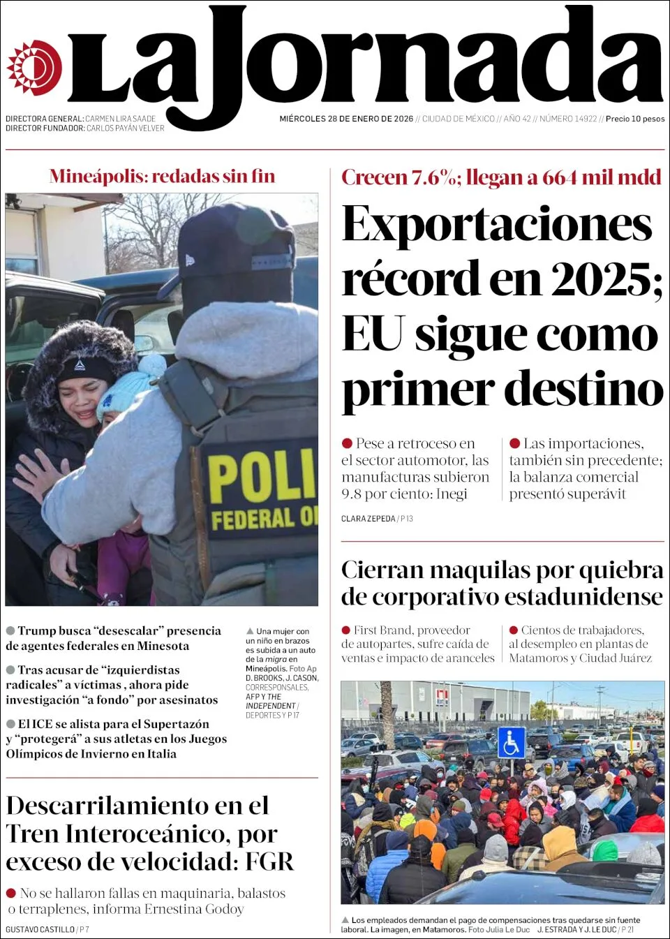 Portada de La Jornada del miércoles, 28 de enero de 2026