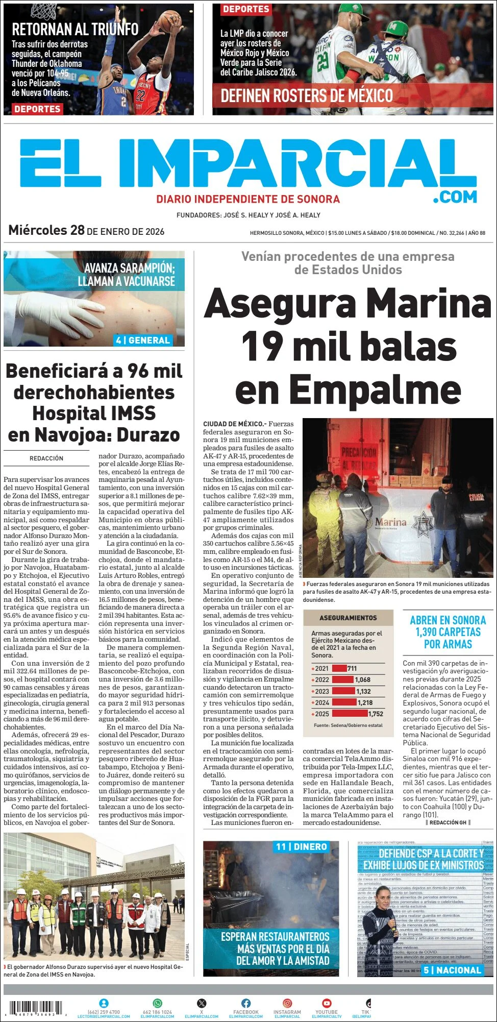 Portada de El Imparcial del miércoles, 28 de enero de 2026