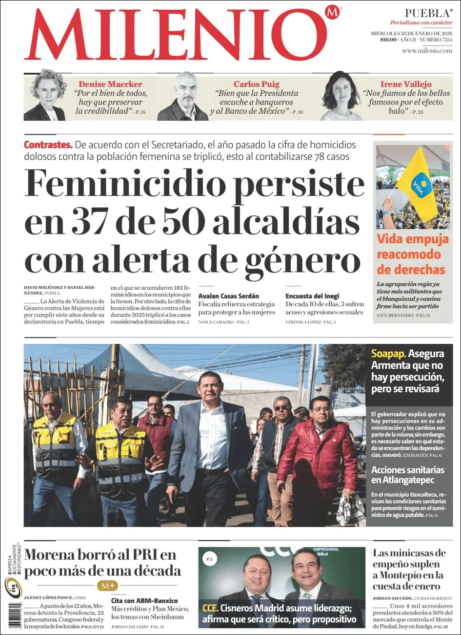 Portada de Milenio Puebla del miércoles, 28 de enero de 2026