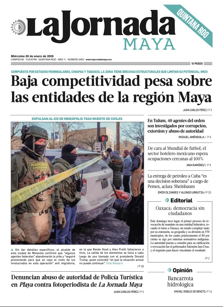 Portada de La Jornada Maya Quintana Roo del miércoles, 28 de enero de 2026