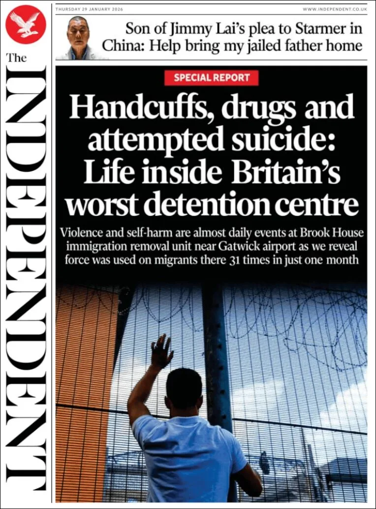 Portada de The Independent del jueves, 29 de enero de 2026