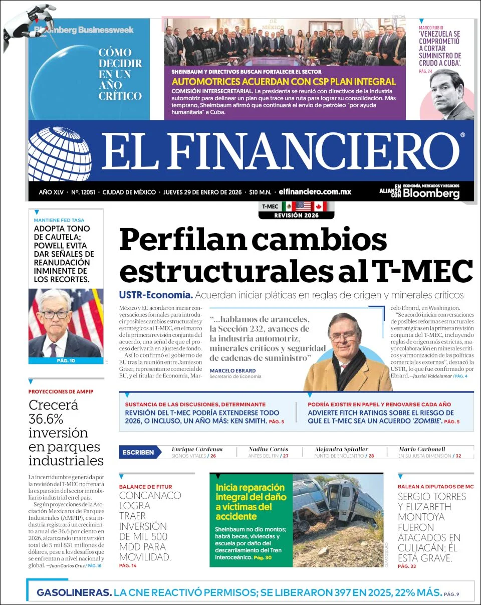 Portada de El Financiero del jueves, 29 de enero de 2026