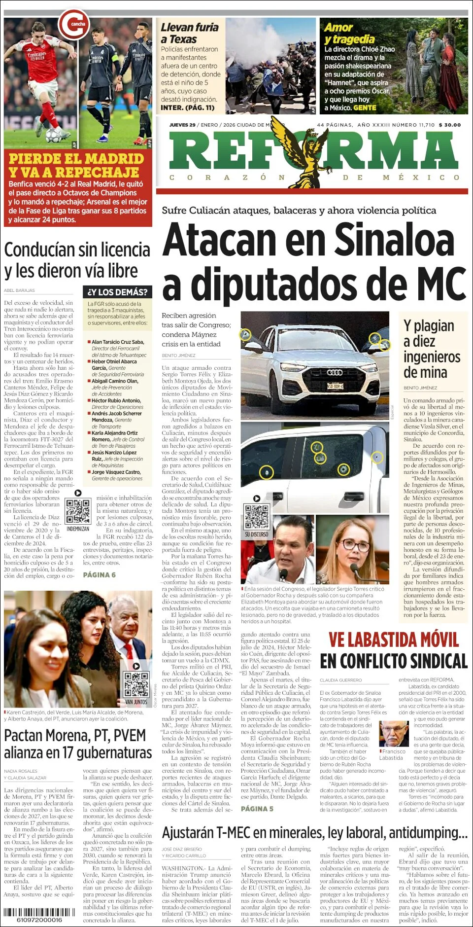 Portada de Reforma del jueves, 29 de enero de 2026