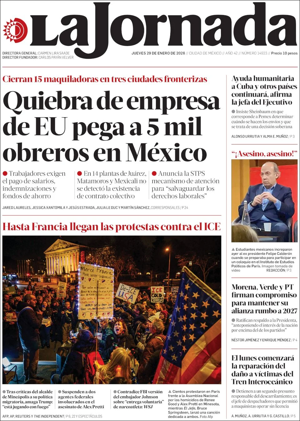 Portada de La Jornada del jueves, 29 de enero de 2026