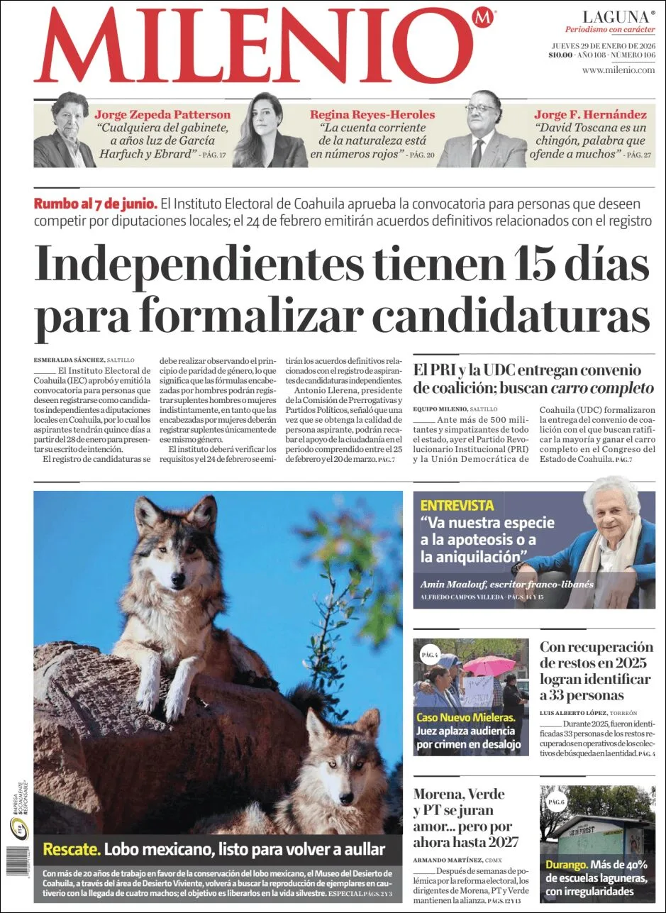 Portada de Milenio Laguna del jueves, 29 de enero de 2026