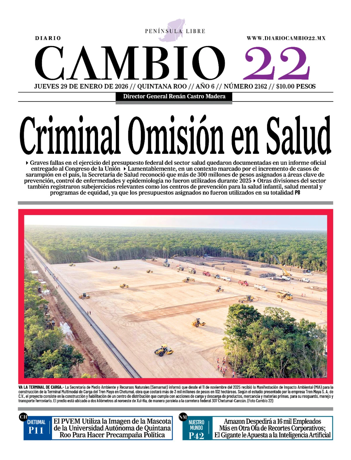 Portada de Diario Cambio 22 (contraportada) del jueves, 29 de enero de 2026