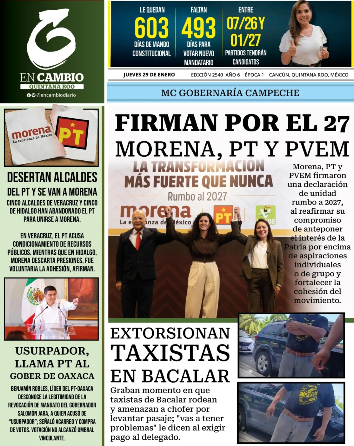 Portada de En Cambio - Quintana Roo (contraportada) del jueves, 29 de enero de 2026