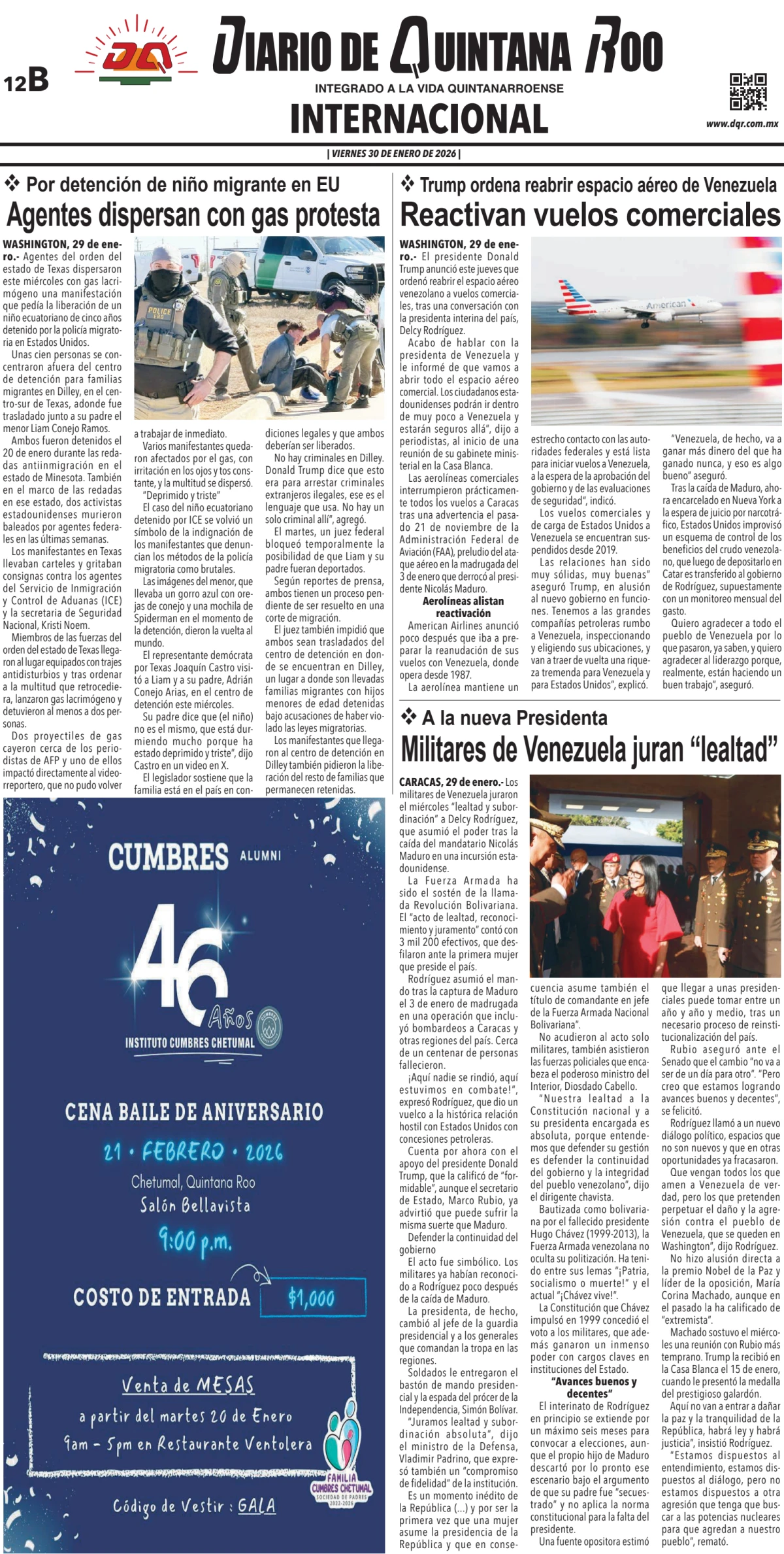 Portada de Diario de Quintana Roo (contra Portada) del viernes, 30 de enero de 2026