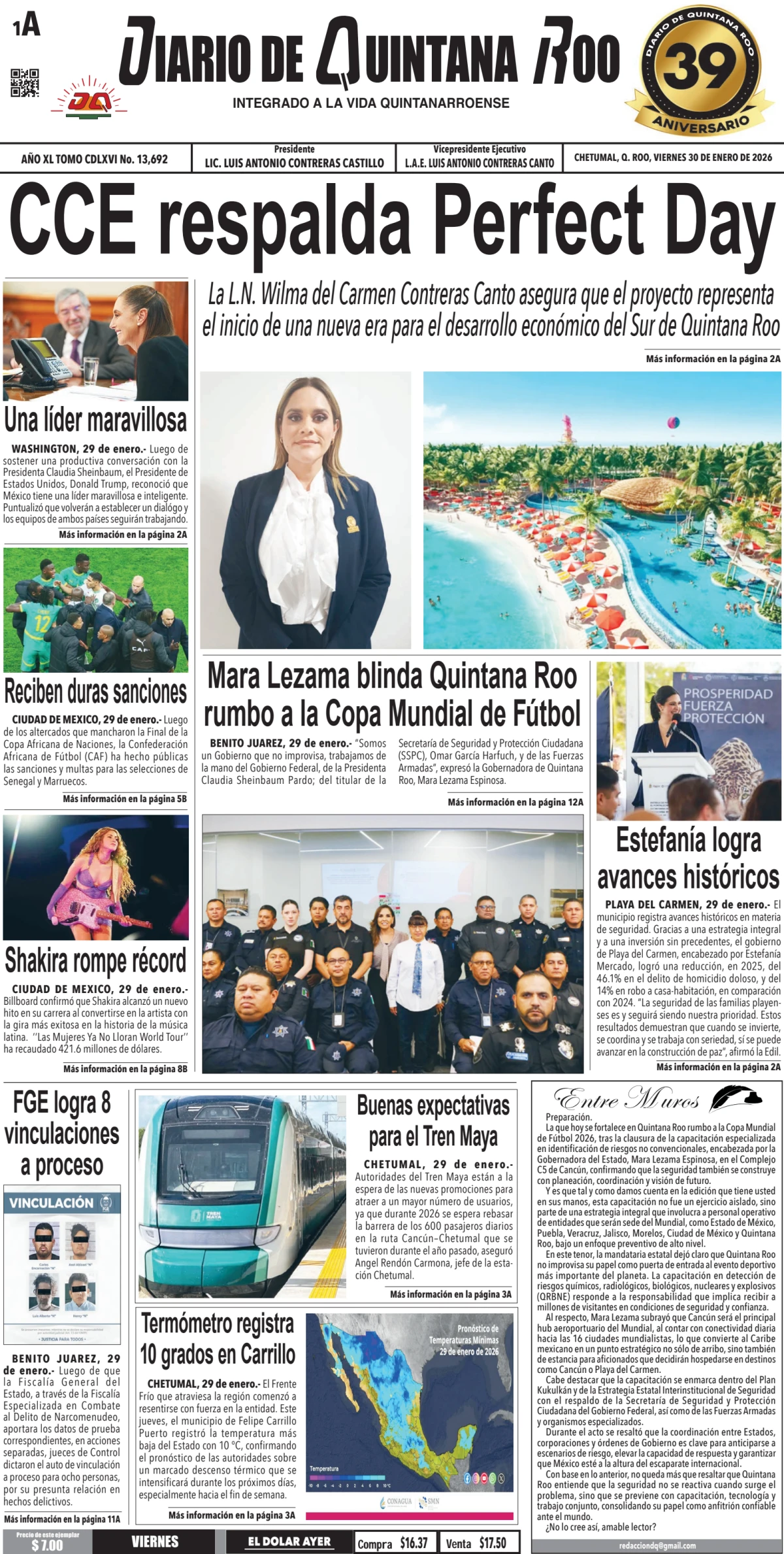 Portada de Diario de Quintana Roo (portada) del viernes, 30 de enero de 2026