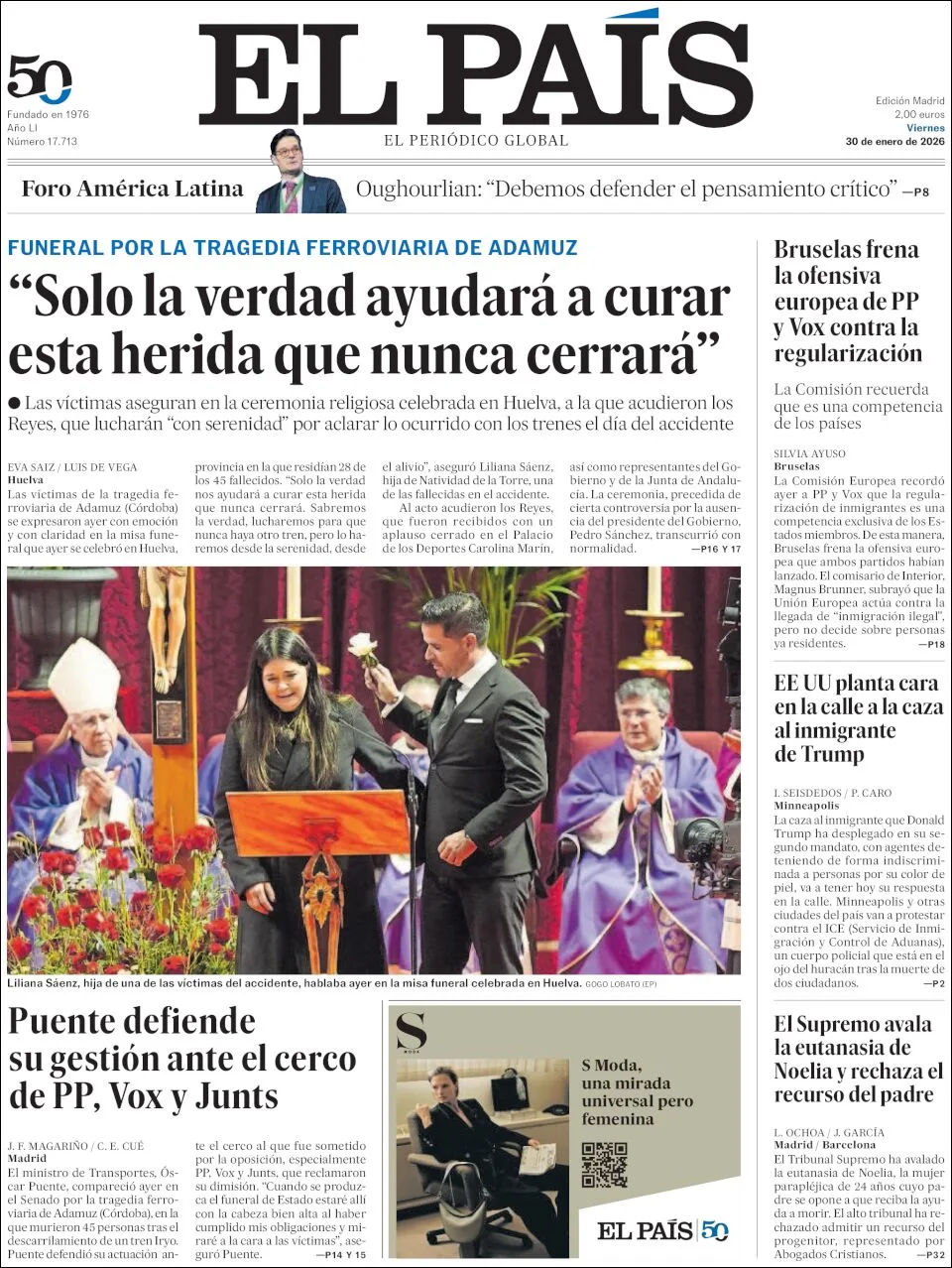 Portada de El Pais del viernes, 30 de enero de 2026