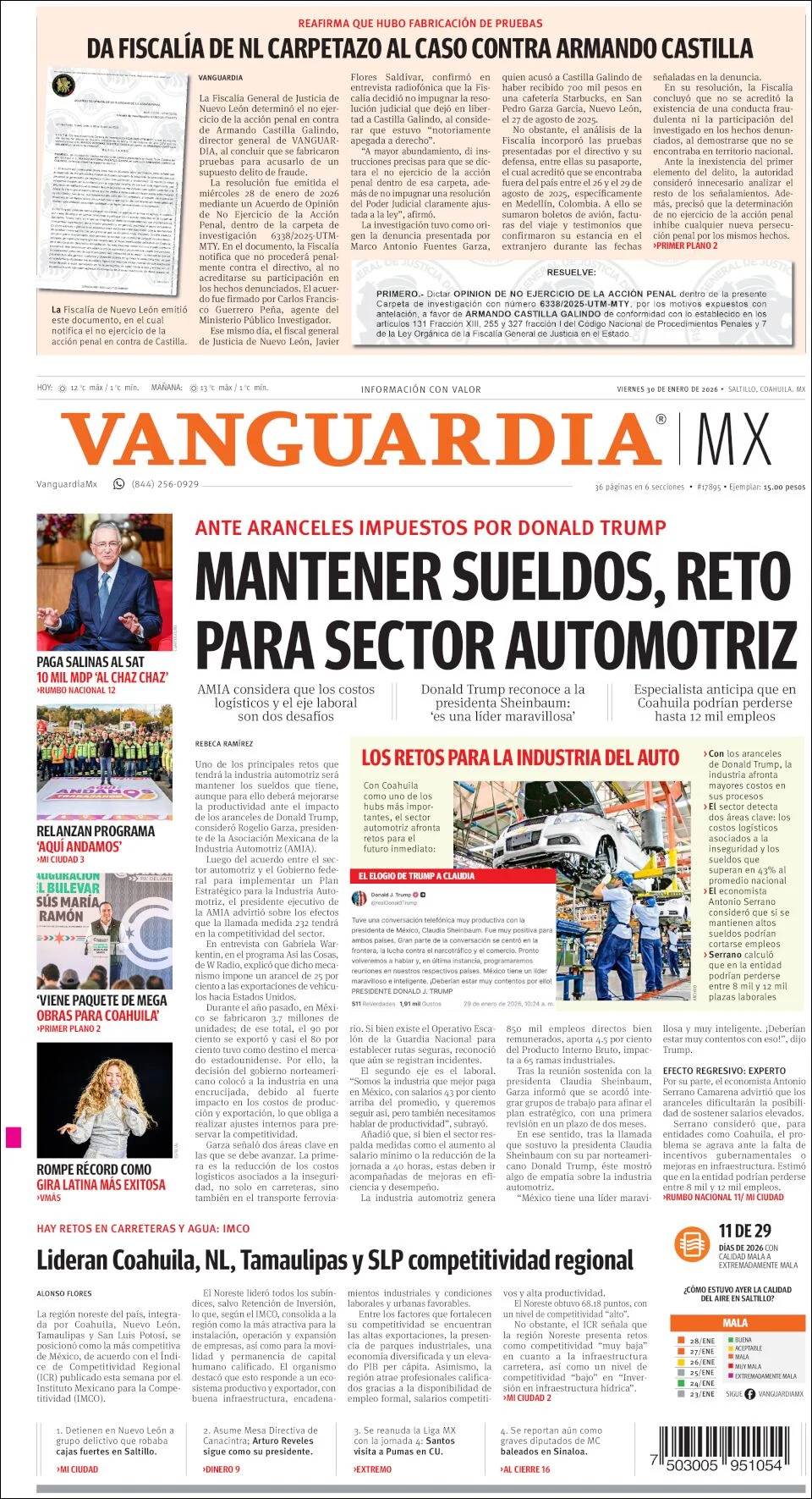 Portada de Vanguardia del viernes, 30 de enero de 2026
