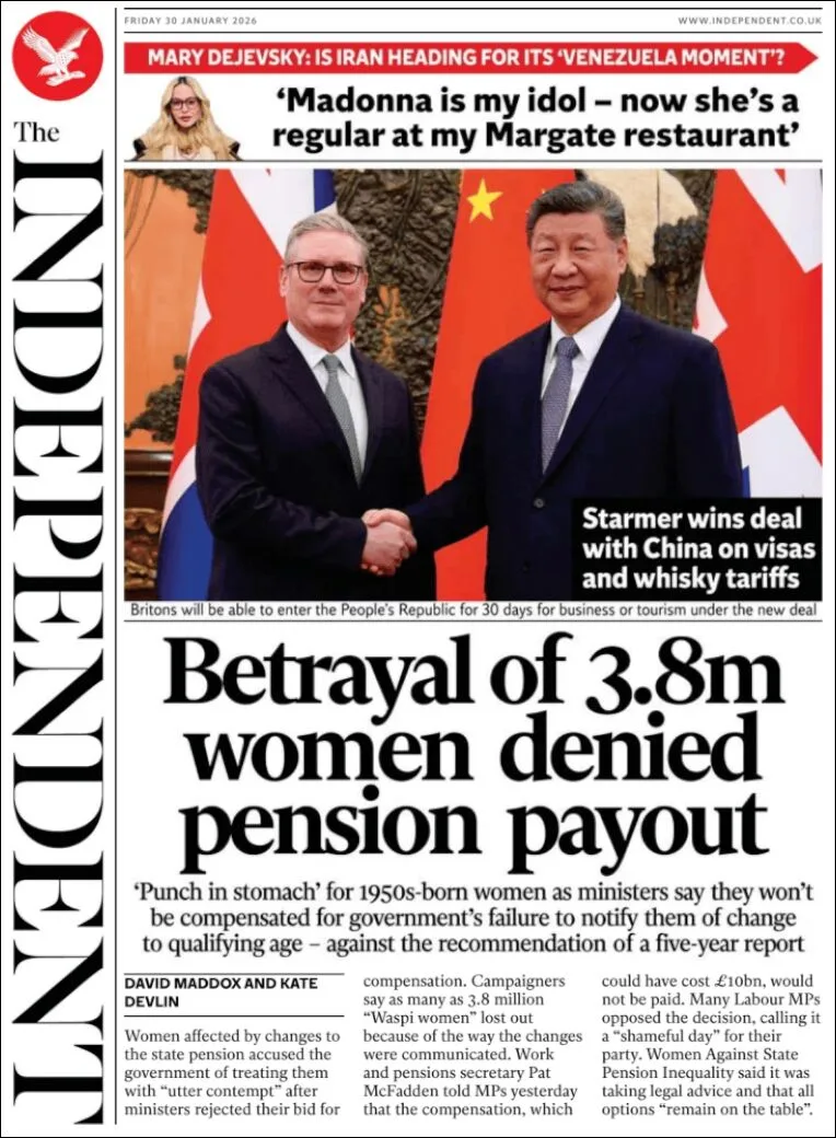 Portada de The Independent del viernes, 30 de enero de 2026