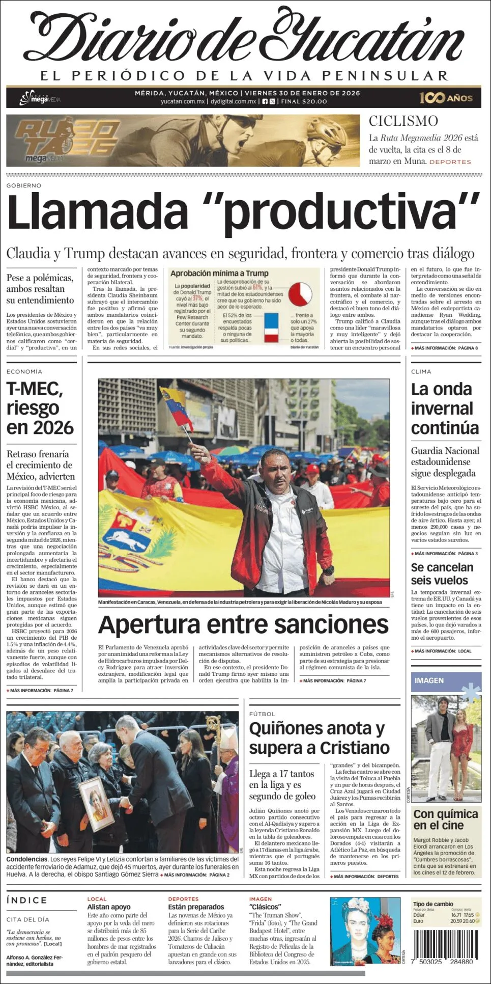 Portada de Diario de Yucatán del viernes, 30 de enero de 2026