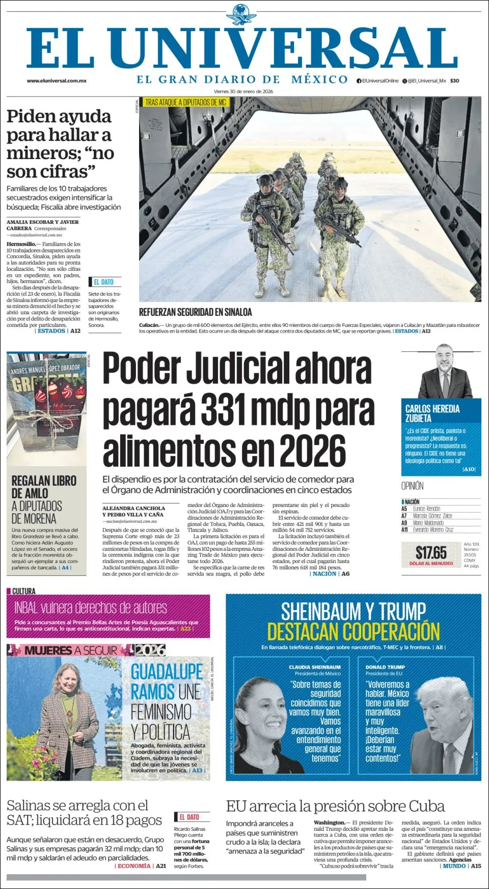 Portada de El Universal del viernes, 30 de enero de 2026