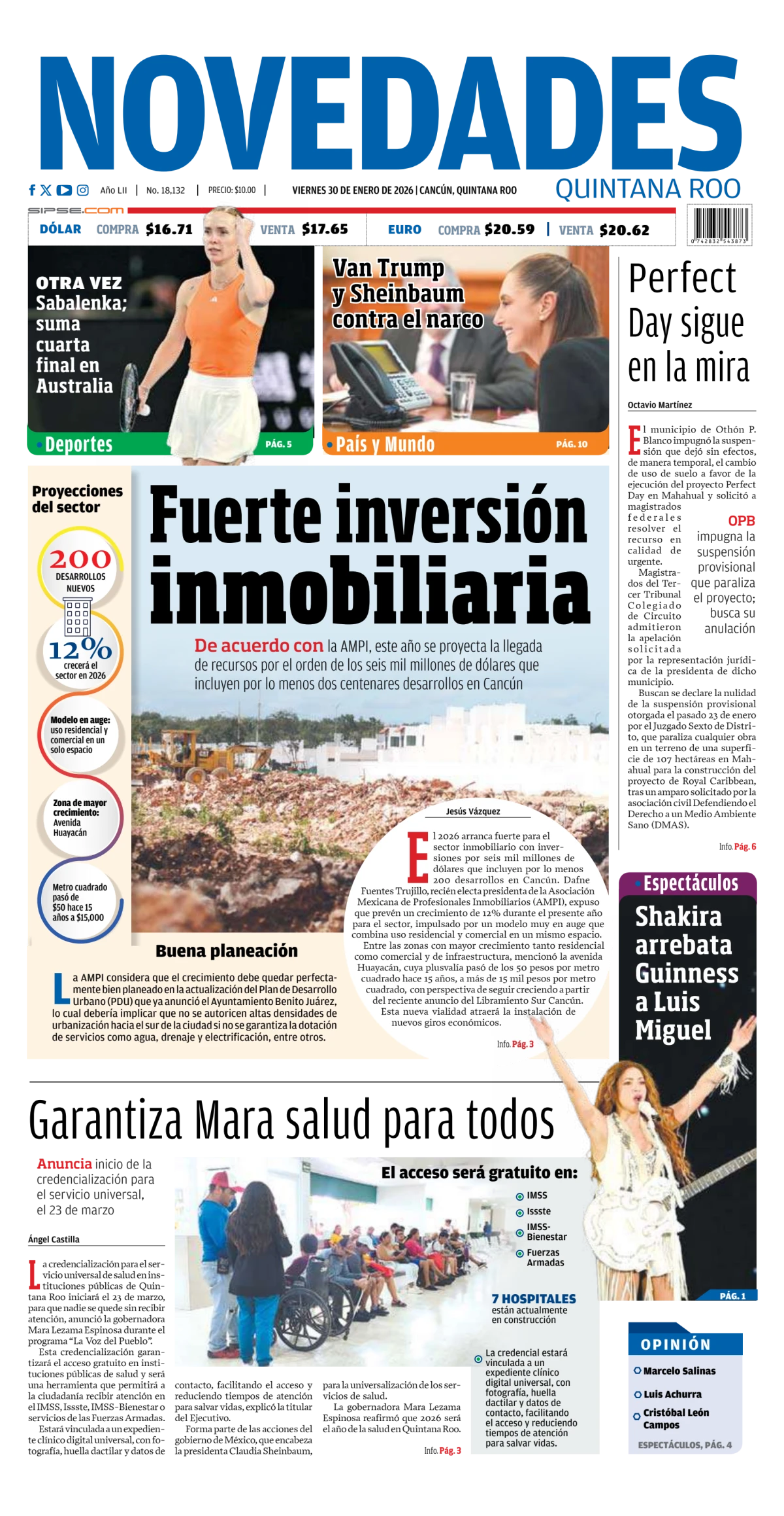 Portada de Novedades Quintana Roo del viernes, 30 de enero de 2026