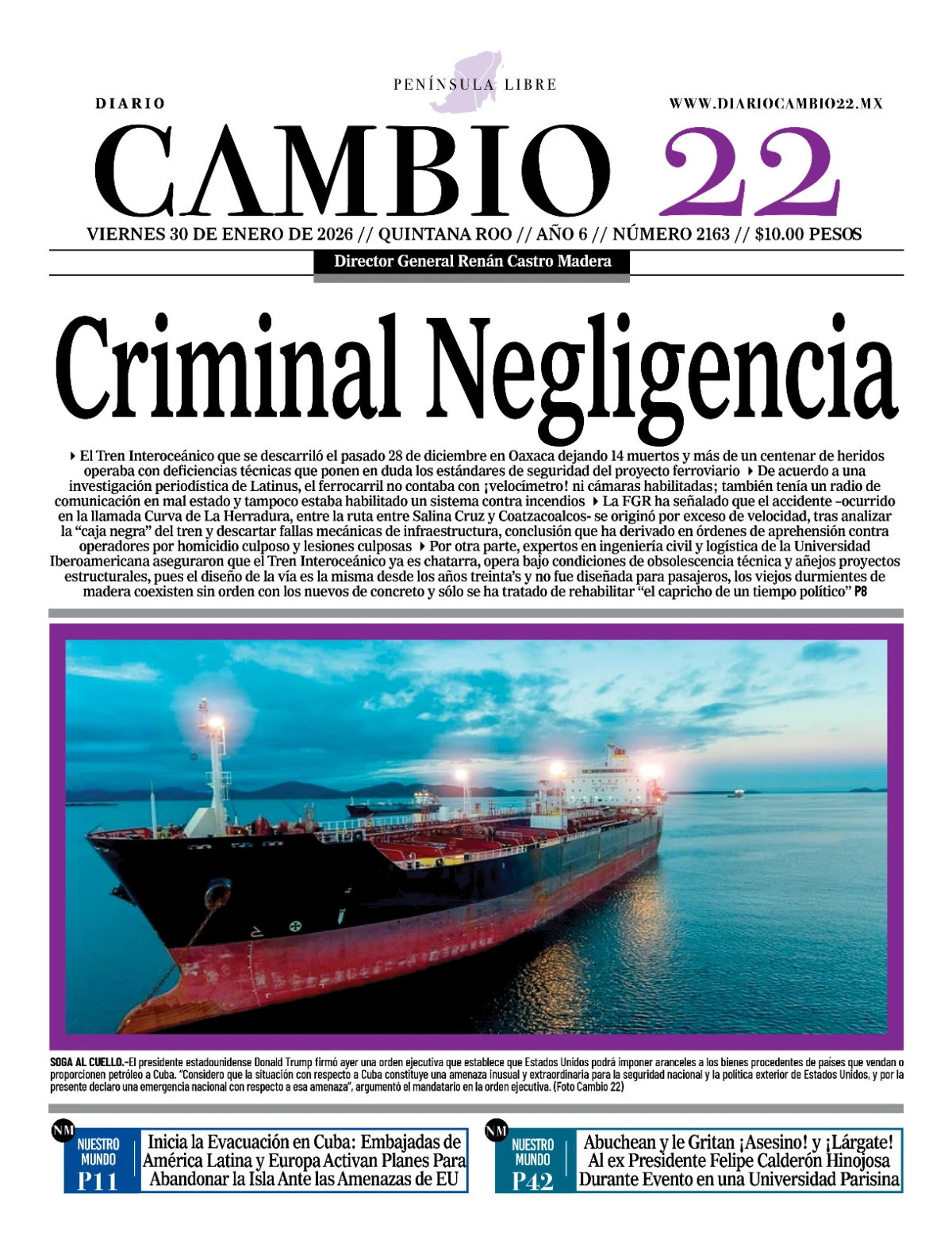 Portada de Diario Cambio 22 (contraportada) del viernes, 30 de enero de 2026