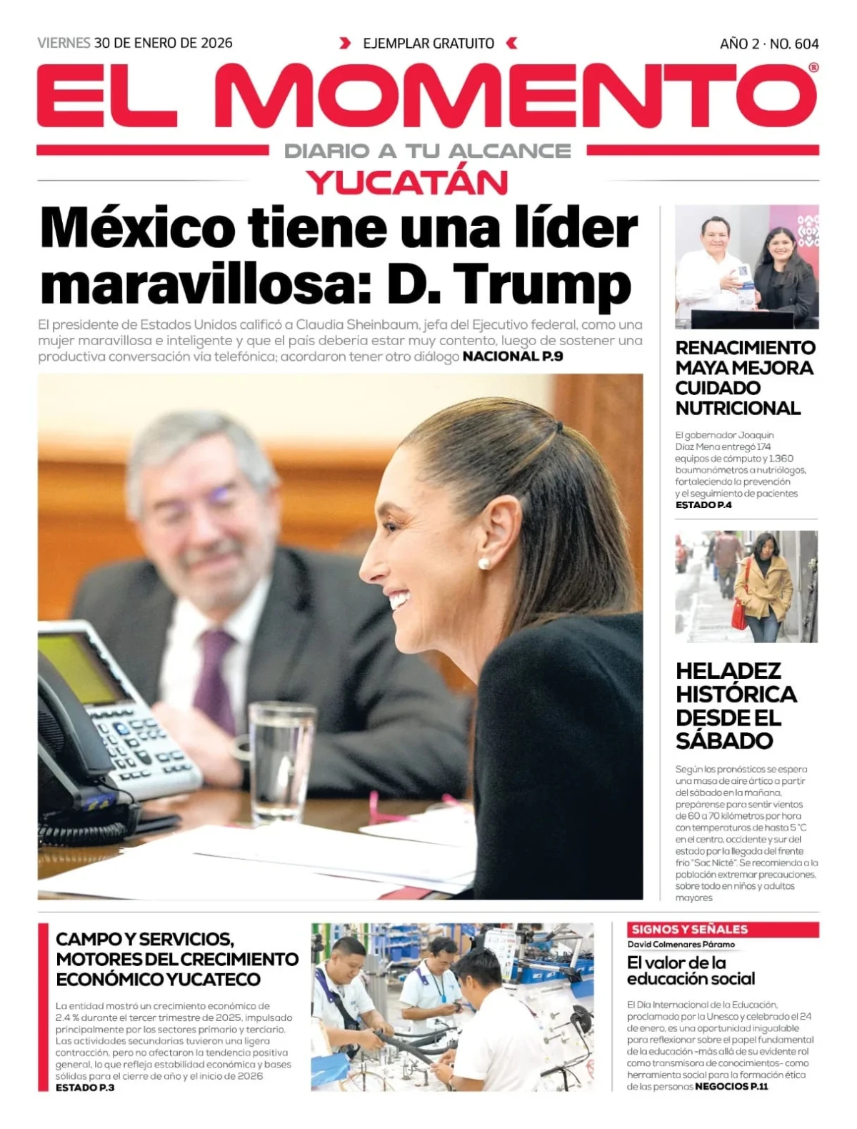 Portada de El Momento Yucatan del viernes, 30 de enero de 2026