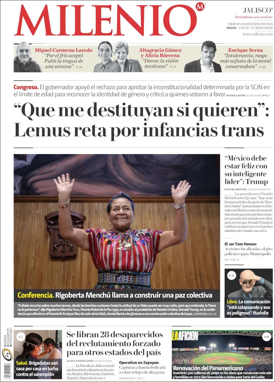 Portada de Milenio Jalisco del viernes, 30 de enero de 2026