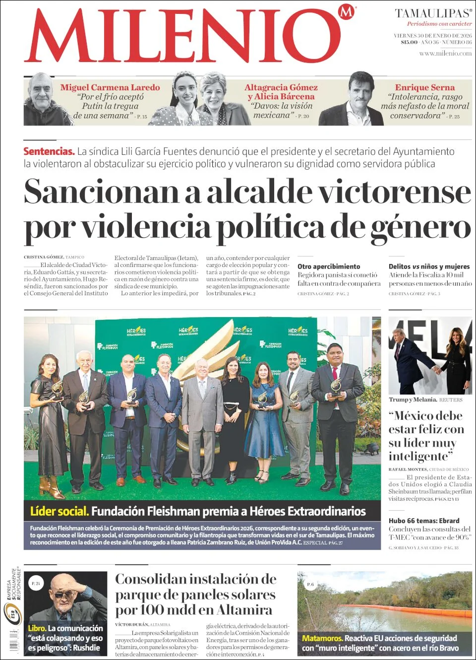 Portada de Milenio Tamaulipas del viernes, 30 de enero de 2026